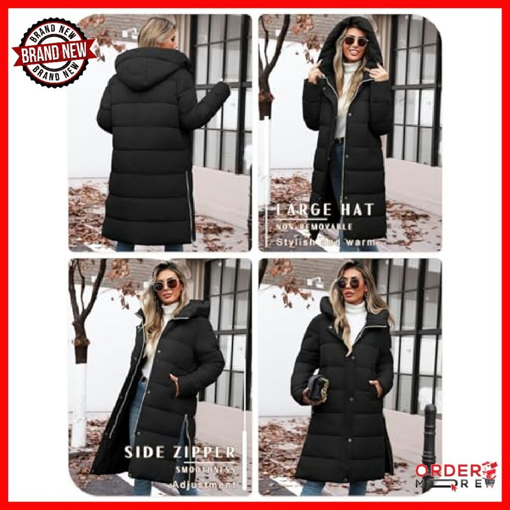 Women's Mid-Length Puffer Coat with Hood, Quilted Winter Jacket - Picture 4 of 8